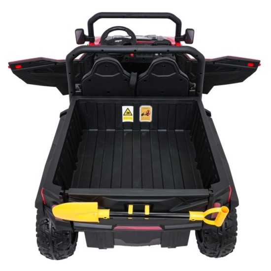 JOKO Elektrické autíčko Farmer X-POWER 4x200W 24V, kožené sedadlo 2 deti, Elektricky Vyklápacia vlečka, penové kolesá, červené