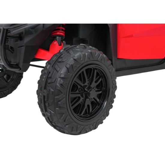 JOKO Elektrické autíčko Farmer X-POWER 4x200W 24V, kožené sedadlo 2 deti, Elektricky Vyklápacia vlečka, penové kolesá, červené