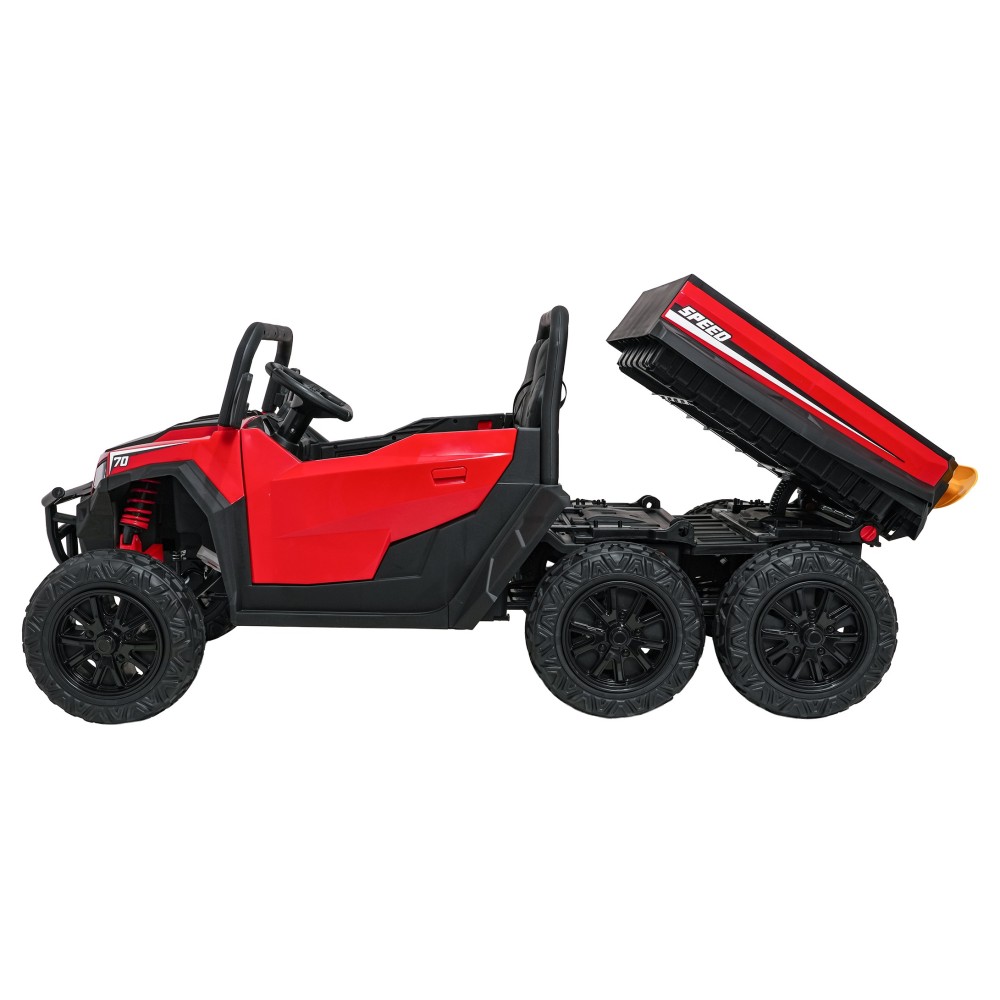 JOKO Elektrické autíčko Farmer X-POWER 4x200W 24V, kožené sedadlo 2 deti, Elektricky Vyklápacia vlečka, penové kolesá, červené