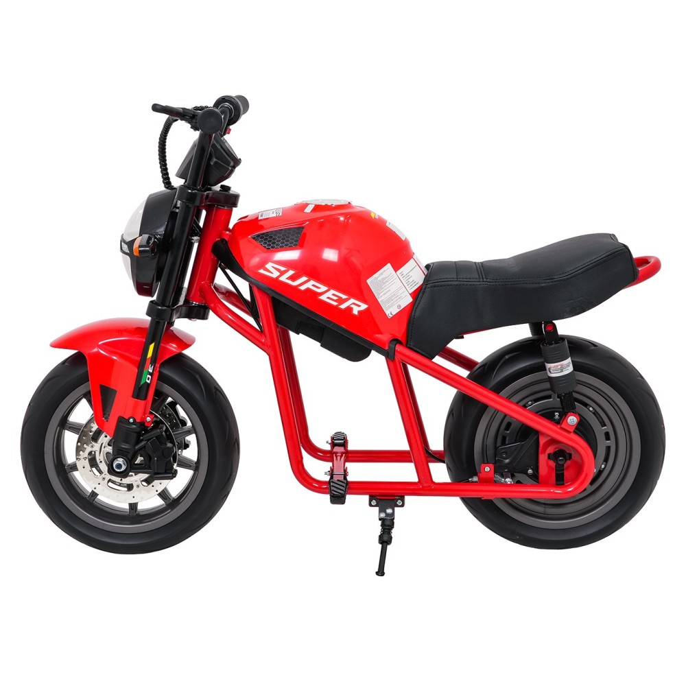 JOKO Elektrická motorka SUPERMOTO 300W 24V, kožené sedadlo, penové kolesá, nosnosť 50kg, červená