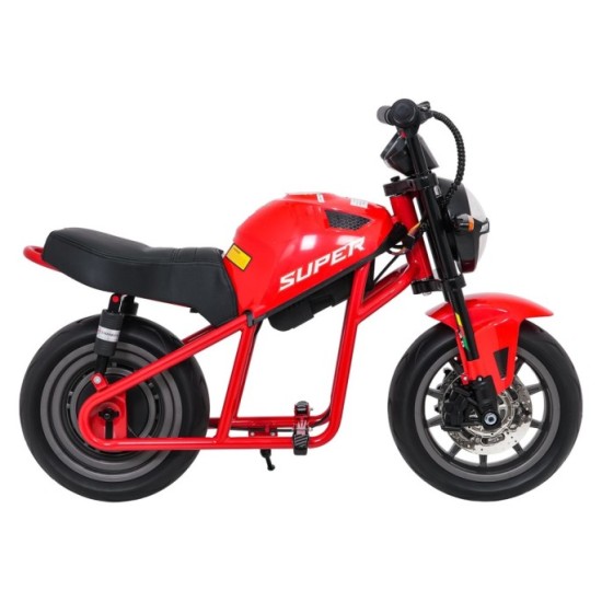 JOKO Elektrická motorka SUPERMOTO 300W 24V, kožené sedadlo, penové kolesá, nosnosť 50kg, červená