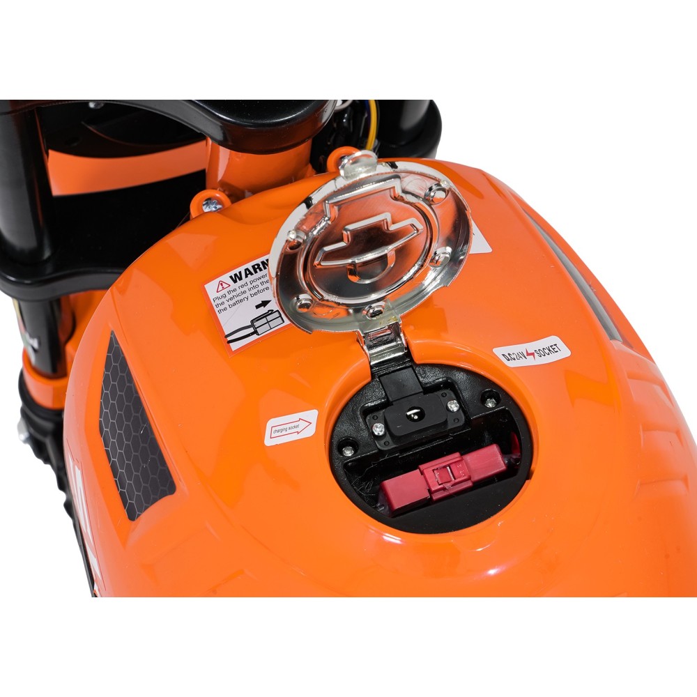 JOKO Elektrická motorka SUPERMOTO 300W 24V, kožené sedadlo, penové kolesá, nosnosť 50kg, oranžová