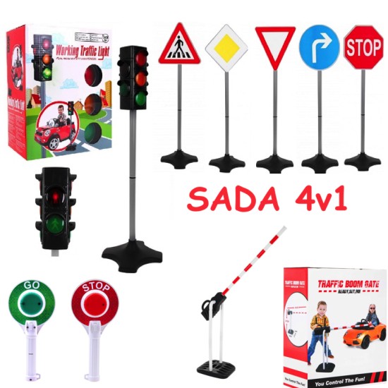 JOKO Dopravná SADA 4v1 Semafór pre deti so zvukom a svetlom 72cm + Železničná závora + Dopravné značky 5ks 80cm + Policajný terč