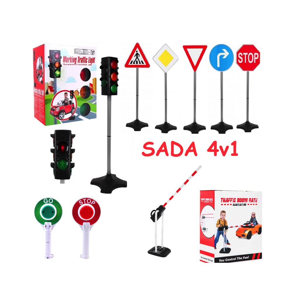 JOKO Dopravná SADA 4v1 Semafór pre deti so zvukom a svetlom 72cm + Železničná závora + Dopravné značky 5ks 80cm + Policajný terč