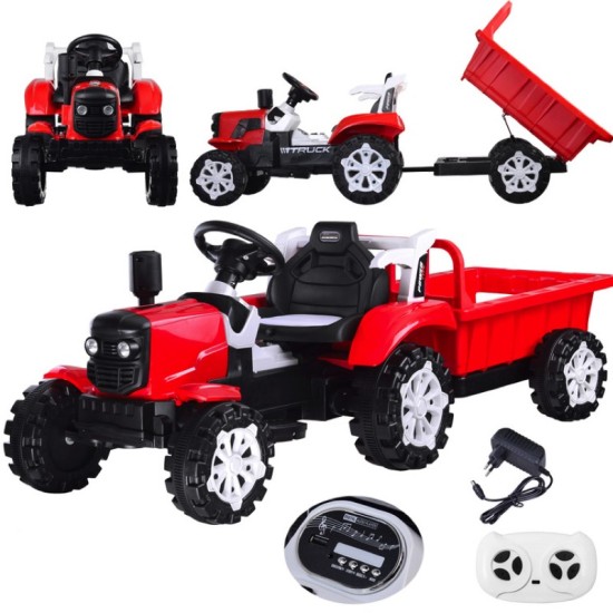 JOKO Elektrický traktor s vyklápacou vlečkou, MP3, USB, diaľkové ovládanie, červený