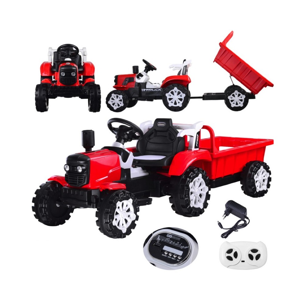 JOKO Elektrický traktor s vyklápacou vlečkou, MP3, USB, diaľkové ovládanie, červený