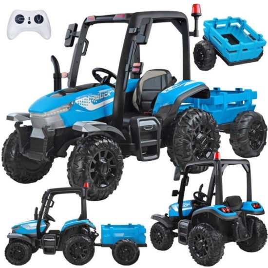JOKO Veľký Elektrický traktor 4x4 s vyklápacou vlečkou, kožené sedadlo, penové kolesá, modrý