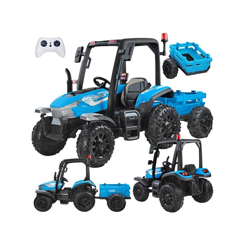 JOKO Veľký Elektrický traktor 4x4 s vyklápacou vlečkou, kožené sedadlo, penové kolesá, modrý