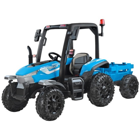 JOKO Veľký Elektrický traktor 4x4 s vyklápacou vlečkou, kožené sedadlo, penové kolesá, modrý