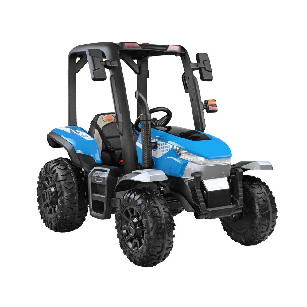 JOKO Veľký Elektrický traktor 4x4 s vyklápacou vlečkou, kožené sedadlo, penové kolesá, modrý