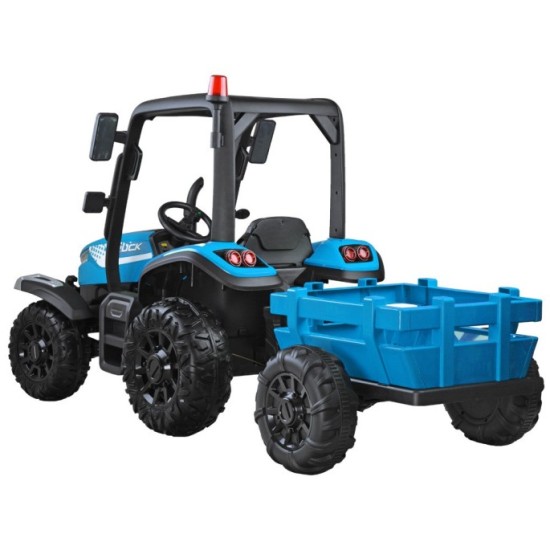JOKO Veľký Elektrický traktor 4x4 s vyklápacou vlečkou, kožené sedadlo, penové kolesá, modrý