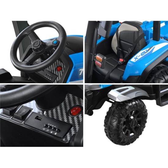 JOKO Veľký Elektrický traktor 4x4 s vyklápacou vlečkou, kožené sedadlo, penové kolesá, modrý