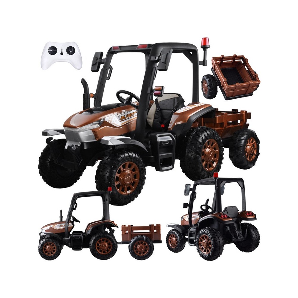 JOKO Veľký Elektrický traktor 4x4 s vyklápacou vlečkou, kožené sedadlo, penové kolesá, hnedý