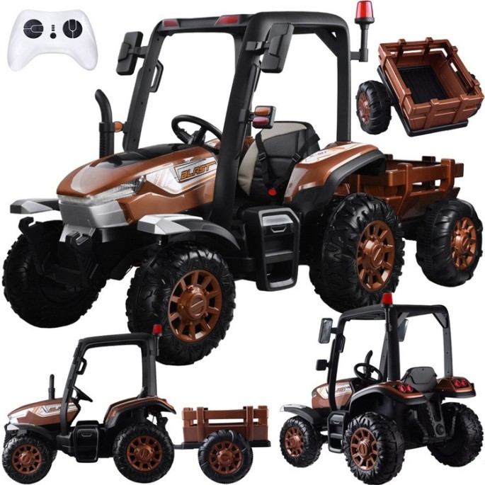JOKO Veľký Elektrický traktor 4x4 s vyklápacou vlečkou, kožené sedadlo, penové kolesá, hnedý