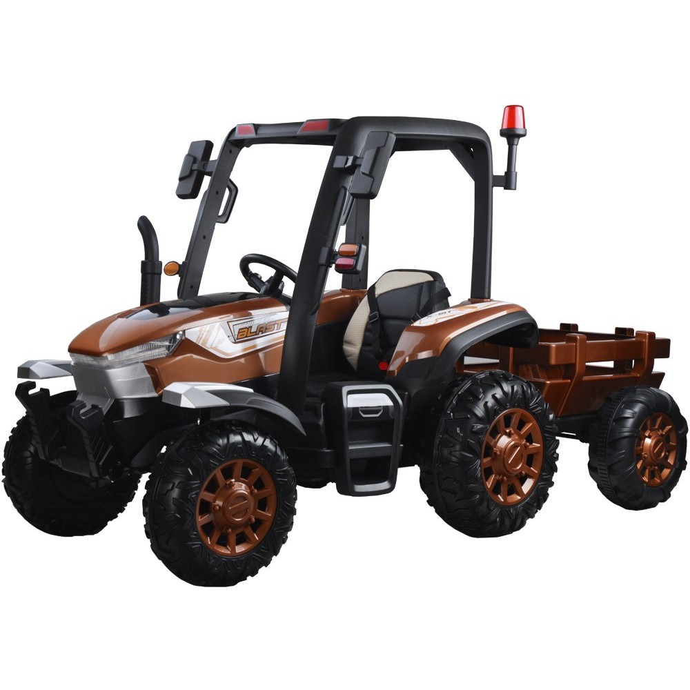 JOKO Veľký Elektrický traktor 4x4 s vyklápacou vlečkou, kožené sedadlo, penové kolesá, hnedý