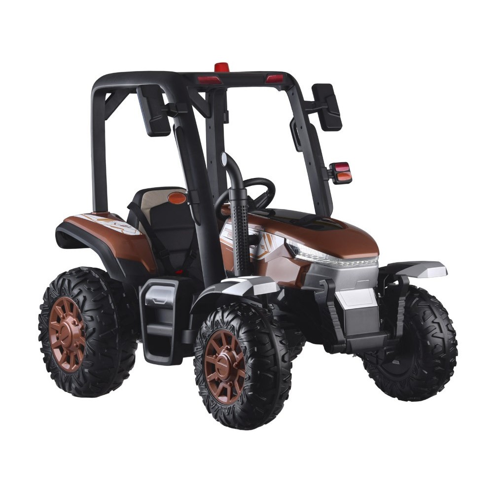 JOKO Veľký Elektrický traktor 4x4 s vyklápacou vlečkou, kožené sedadlo, penové kolesá, hnedý