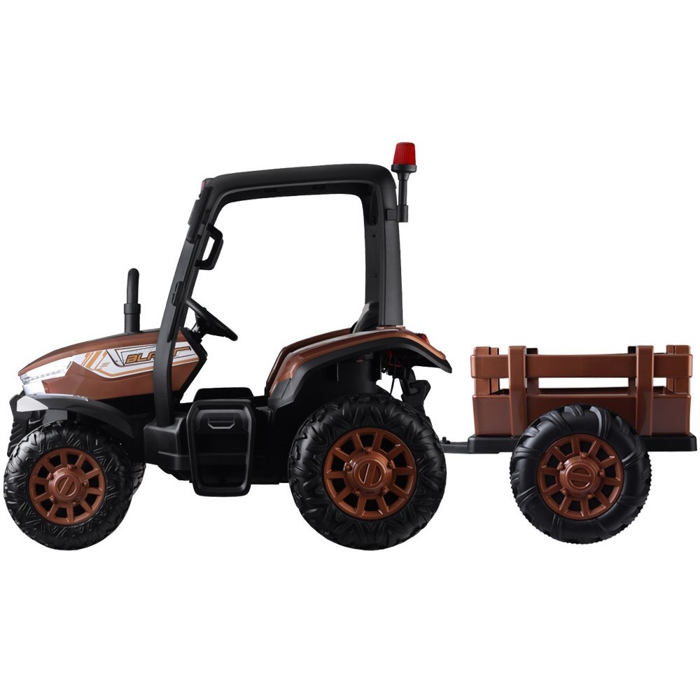JOKO Veľký Elektrický traktor 4x4 s vyklápacou vlečkou, kožené sedadlo, penové kolesá, hnedý