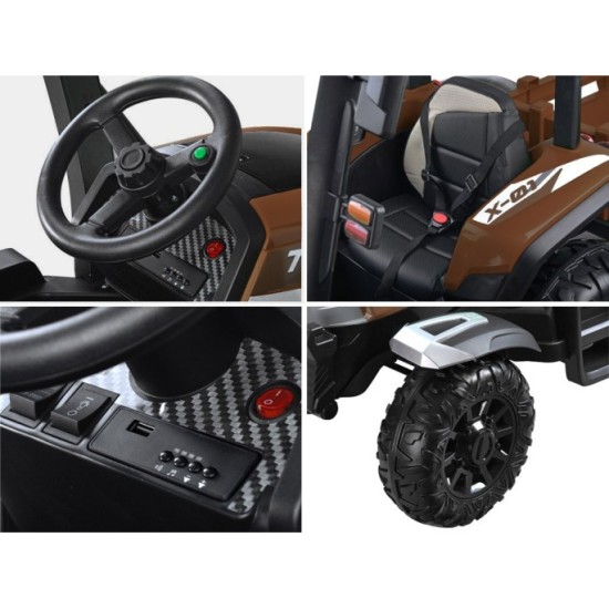 JOKO Veľký Elektrický traktor 4x4 s vyklápacou vlečkou, kožené sedadlo, penové kolesá, hnedý