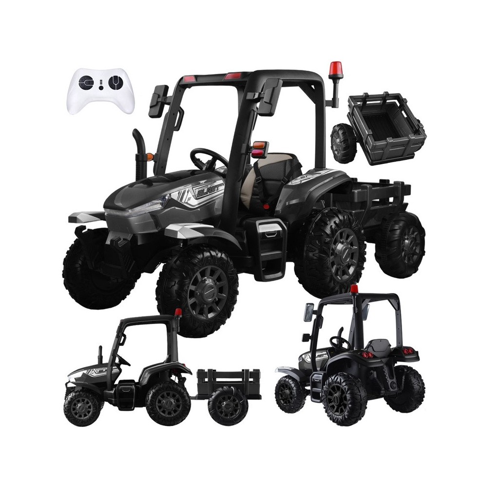 JOKO Veľký Elektrický traktor 4x4 s vlečkou, kožené sedadlo, penové kolesá, čierny