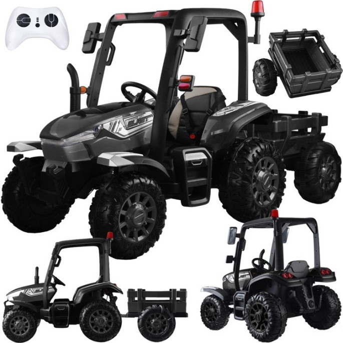 JOKO Veľký Elektrický traktor 4x4 s vlečkou, kožené sedadlo, penové kolesá, čierny