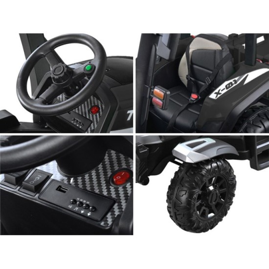 JOKO Veľký Elektrický traktor 4x4 s vlečkou, kožené sedadlo, penové kolesá, čierny