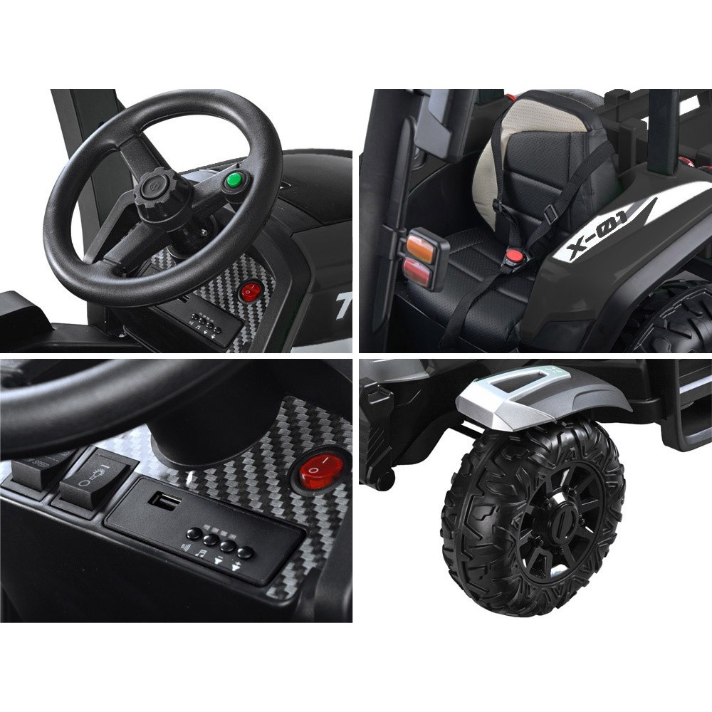 JOKO Veľký Elektrický traktor 4x4 s vlečkou, kožené sedadlo, penové kolesá, čierny