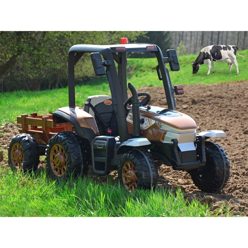 JOKO Veľký Elektrický traktor 4x4 s vlečkou, kožené sedadlo, penové kolesá, čierny