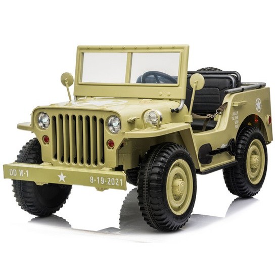 JOKO Elektrické autíčko Vojenský Jeep 4x4, trojmiestny, penové kolesá, kožené sedadlo + lopata, hnedý