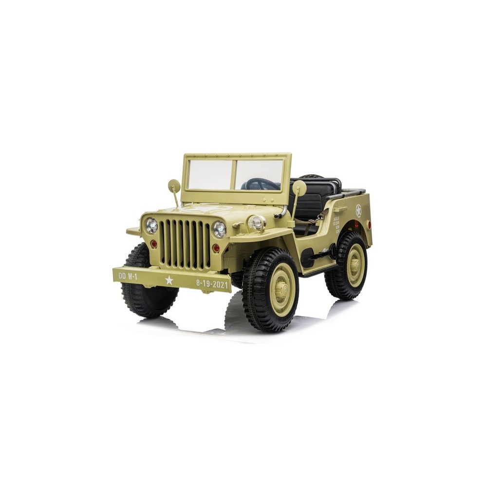 JOKO Elektrické autíčko Vojenský Jeep 4x4, trojmiestny, penové kolesá, kožené sedadlo + lopata, hnedý