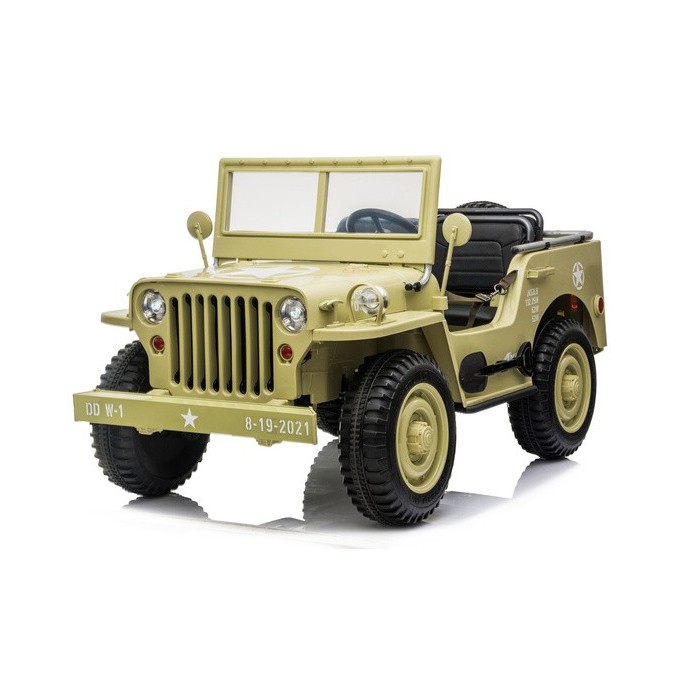 JOKO Elektrické autíčko Vojenský Jeep 4x4, trojmiestny, penové kolesá, kožené sedadlo + lopata, hnedý
