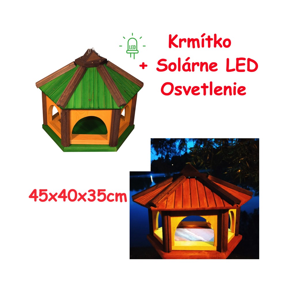 MKSTOR Drevené kŕmitko pre vtáky 45x40x35cm + Solárne Svetlo, vtáčia búdka, zelená