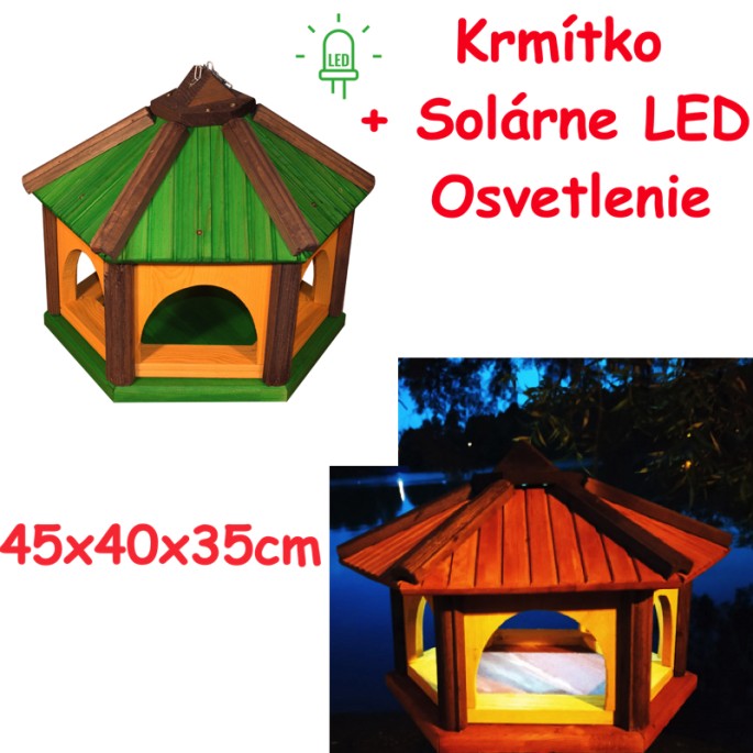 MKSTOR Drevené kŕmitko pre vtáky 45x40x35cm + Solárne Svetlo, vtáčia búdka, zelená