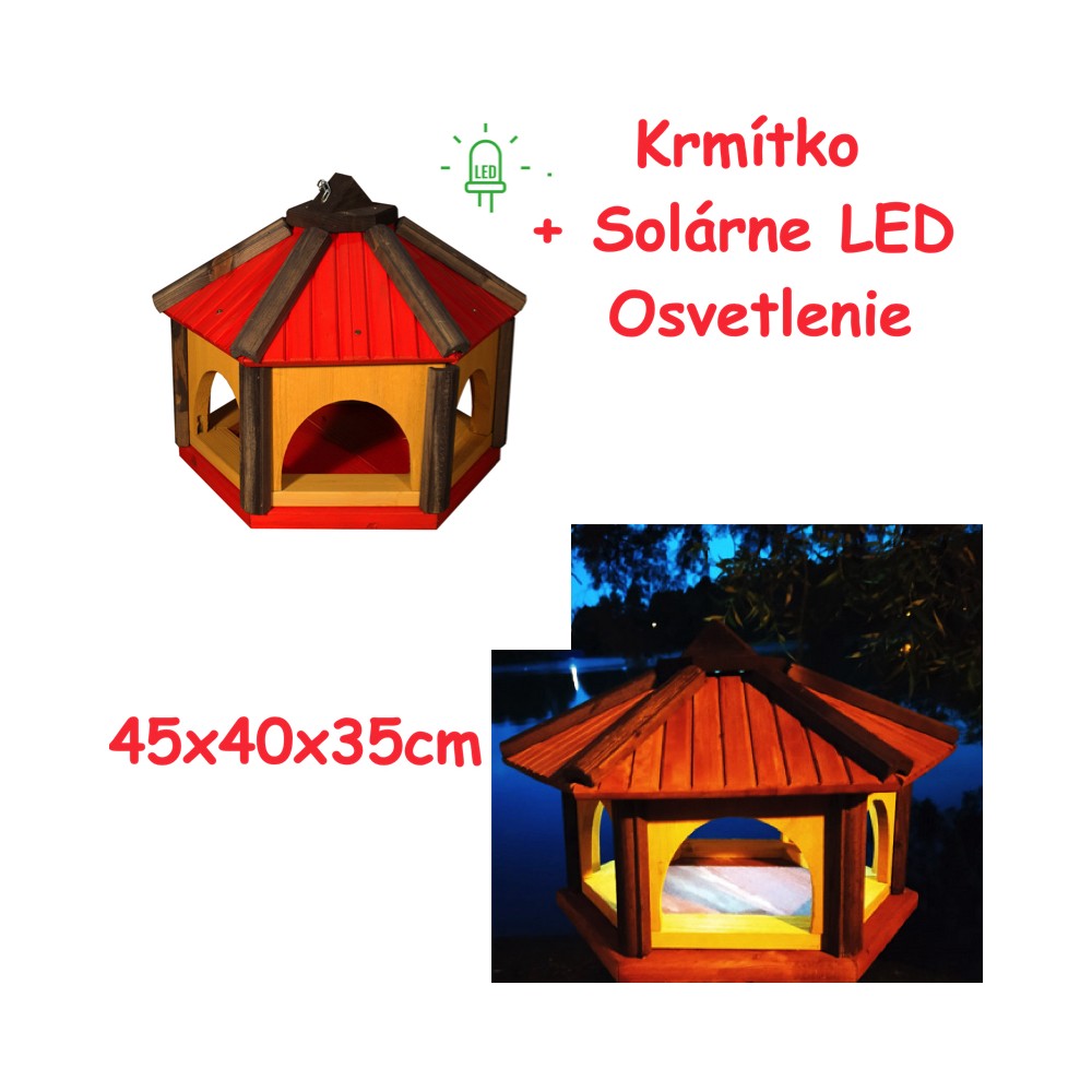 MKSTOR Drevené kŕmitko pre vtáky 45x40x35cm + SOLÁRNE Led Svetlo, vtáčia búdka, červená