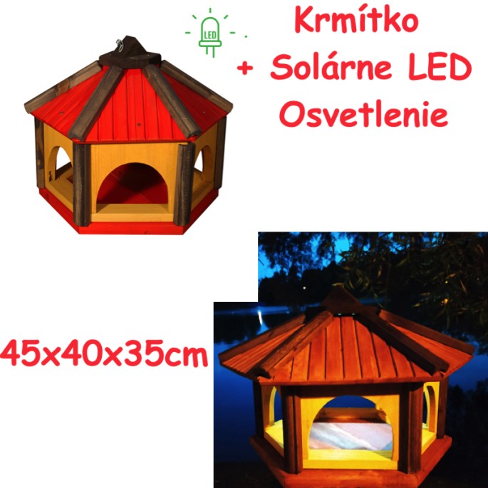 MKSTOR Drevené kŕmitko pre vtáky 45x40x35cm + SOLÁRNE Led Svetlo, vtáčia búdka, červená