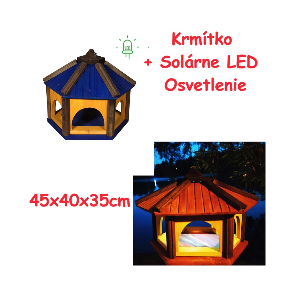 MKSTOR Drevené kŕmitko pre vtáky 45x40x35cm + Solárne LED Svetlo, vtáčia búdka, modrá