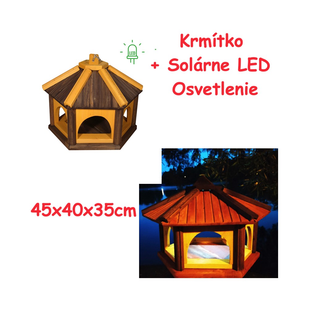 MKSTOR Drevené kŕmitko pre vtáky 45x40x35cm + Solárne Svetlo, vtáčia búdka, tmavo hnedá