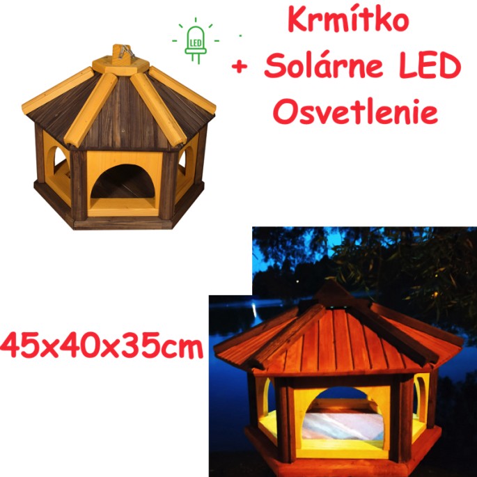 MKSTOR Drevené kŕmitko pre vtáky 45x40x35cm + Solárne Svetlo, vtáčia búdka, tmavo hnedá