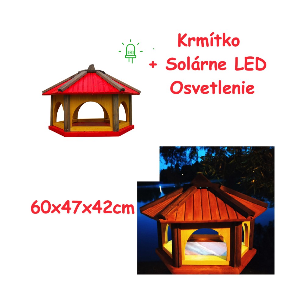 MKSTOR Drevené kŕmitko pre vtáky 60x47x42cm + SOLÁRNE Led Svetlo, vtáčia búdka, červená