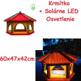 MKSTOR Drevené kŕmitko pre vtáky 60x47x42cm + SOLÁRNE Led Svetlo, vtáčia búdka, červená