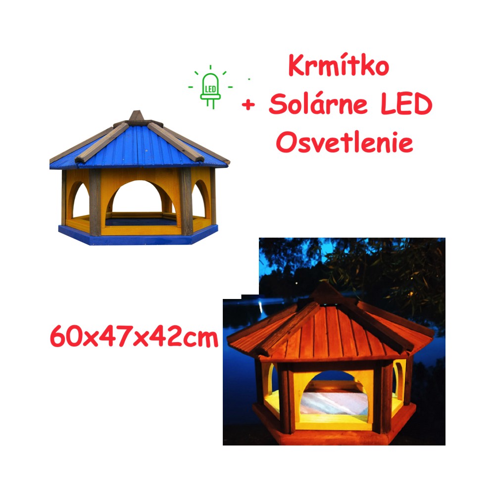 MKSTOR Drevené kŕmitko pre vtáky 60x47x42cm + SOLÁRNE Led Svetlo, vtáčia búdka, modrá