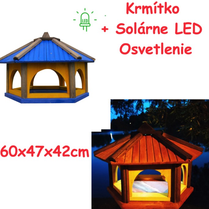 MKSTOR Drevené kŕmitko pre vtáky 60x47x42cm + SOLÁRNE Led Svetlo, vtáčia búdka, modrá