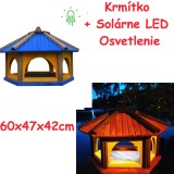 MKSTOR Drevené kŕmitko pre vtáky 60x47x42cm + SOLÁRNE Led Svetlo, vtáčia búdka, modrá