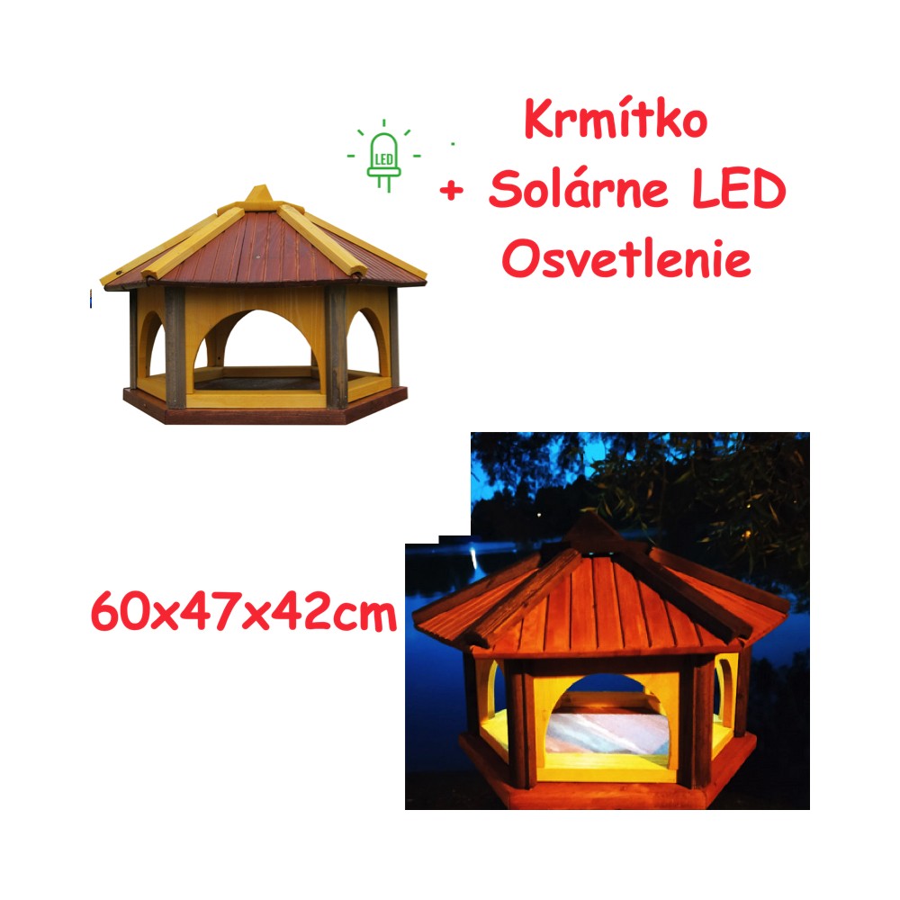 MKSTOR Drevené kŕmitko pre vtáky 60x47x42cm + SOLÁRNE Led Svetlo, vtáčia búdka, TIK