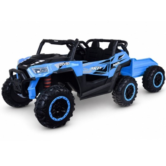 JOKO Elektrické autíčko Buggy s vyklápacou vlečkou 4x24V, penové kolesá, Dvojmiestne kožené sedadlo, modré