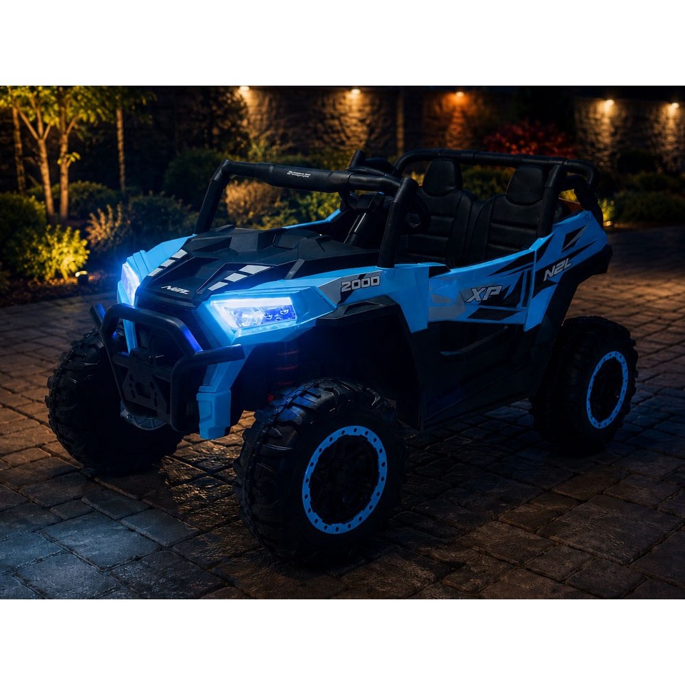 JOKO Elektrické autíčko Buggy s vyklápacou vlečkou 4x24V, penové kolesá, Dvojmiestne kožené sedadlo, modré