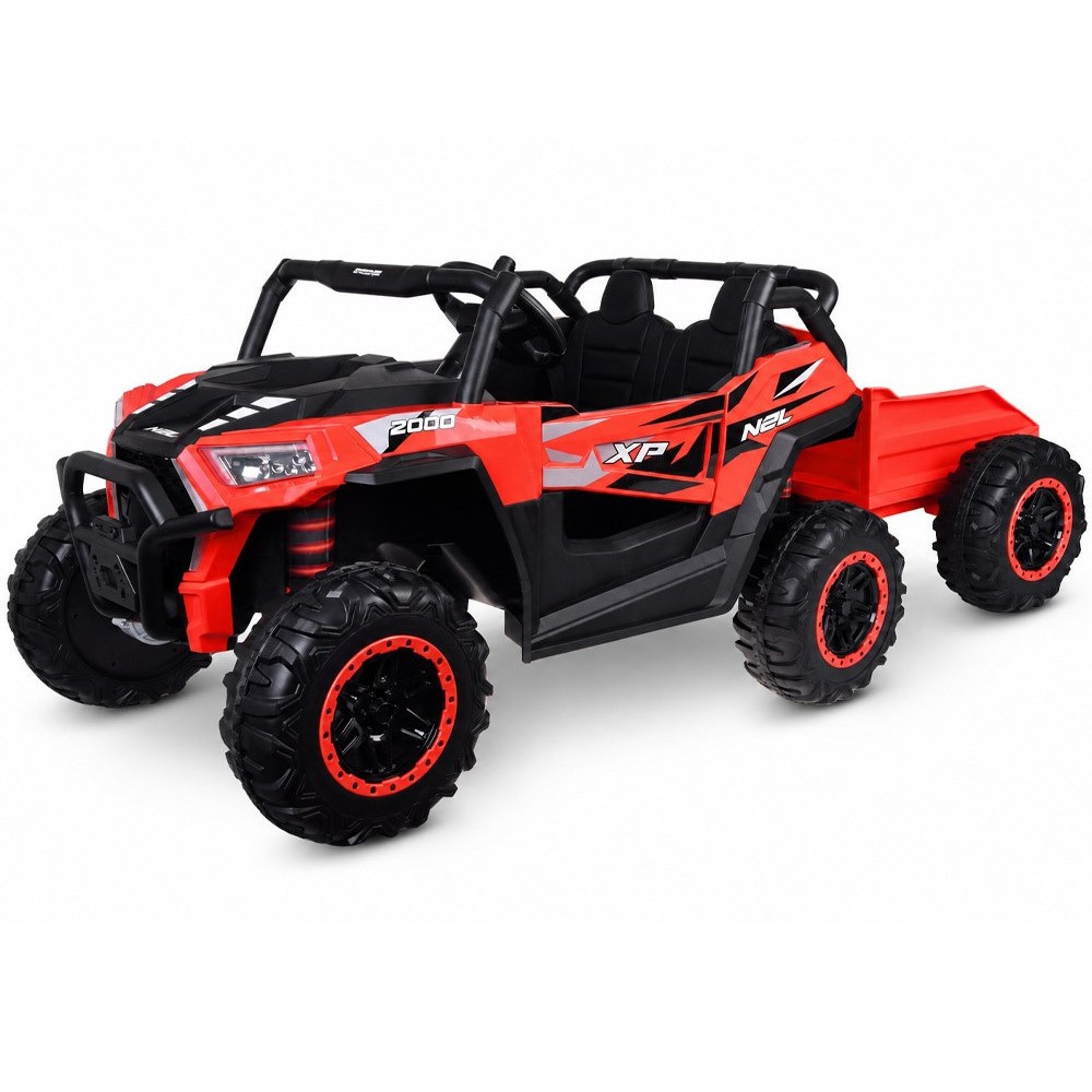 JOKO Elektrické autíčko Buggy s vyklápacou vlečkou 4x24V, penové kolesá, Dvojmiestne kožené sedadlo, červené