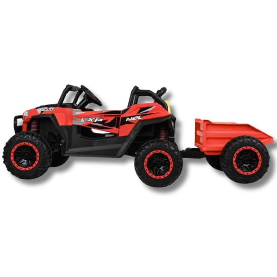 JOKO Elektrické autíčko Buggy s vyklápacou vlečkou 4x24V, penové kolesá, Dvojmiestne kožené sedadlo, červené