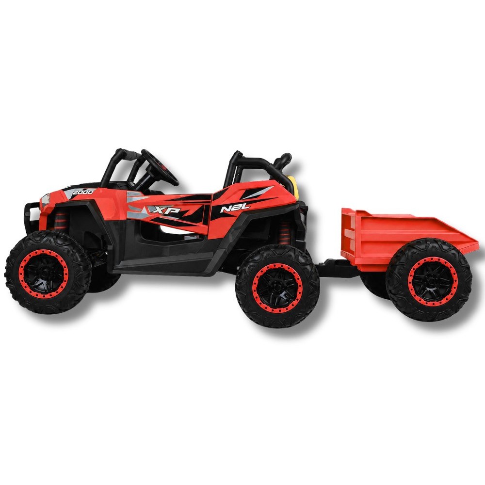 JOKO Elektrické autíčko Buggy s vyklápacou vlečkou 4x24V, penové kolesá, Dvojmiestne kožené sedadlo, červené