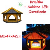MKSTOR Drevené kŕmitko pre vtáky 60x47x42cm + SOLÁRNE Led Svetlo, vtáčia búdka, sivá