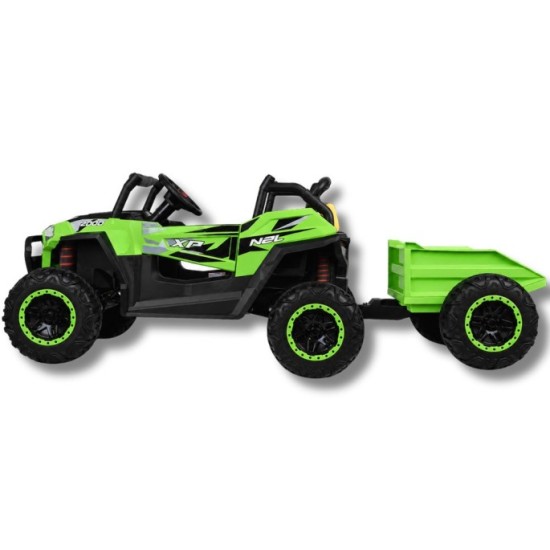 JOKO Elektrické autíčko Buggy s vyklápacou vlečkou 4x24V, penové kolesá,Dvojmiestne kožené sedadlo, zelené